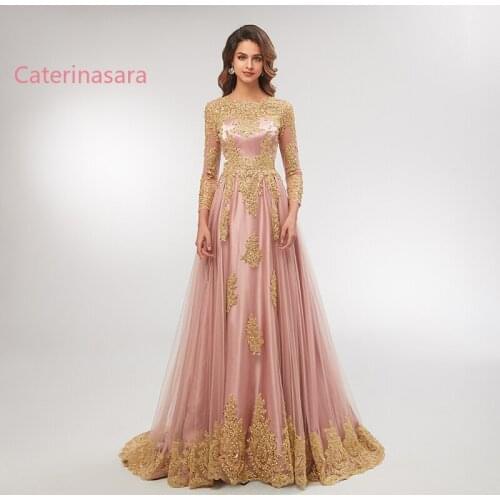 Pink A-Line Formal Evening dresses Gold Lace Appliques Long Sleeves Floor Length Vintage Prom Gowns Vestidos De Fiesta De Noche