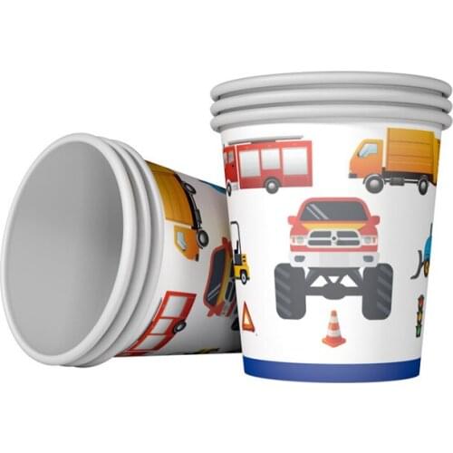 6pcs Cartoon Cars Disposable Cups For Kids Birthday Party Construction Vehicle Disposable Tableware Paper Cup Party Supplies