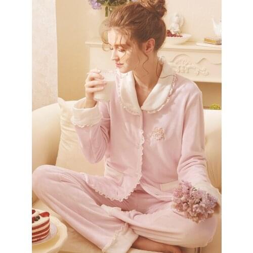 Free Shipping 2020 New Winter Princess Womens Pink Purple Sleepwear Flannel Pajamas Long Pants Set camisolas de dormir