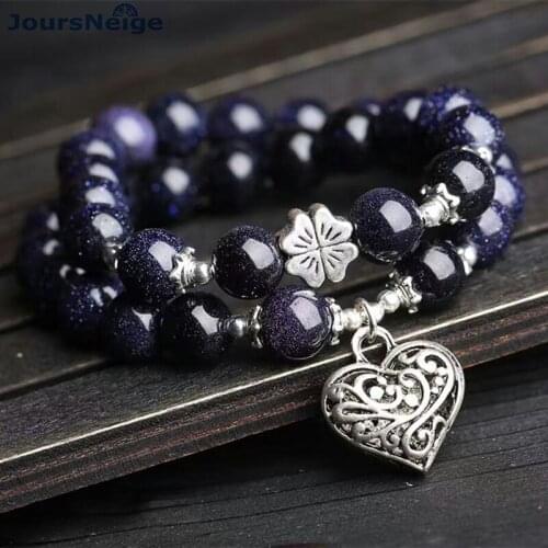 JoursNeige Dark Blue Sand Natural Stone Bracelets Tibetan Silver Heart Pendant for Men Women Stone Bracelet Multilayer Jewelry