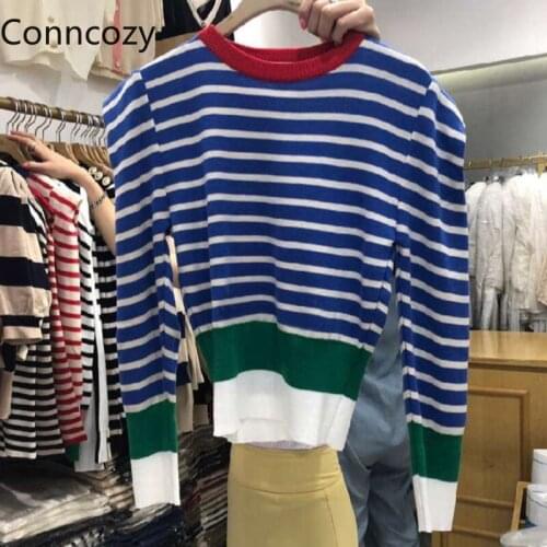 Brand Cotton Pullover Contrast Color Striped Sweaters Women Fashion Korea Autumn Winter Clothes Shoulder Padded Knitwear Tops
