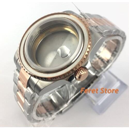 40mm sapphire glass Watch Case date with steel-golden strap fit ETA 2836/Miyota8215/8205 automatic movements