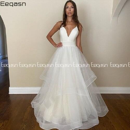 Eeqasn New Sexy Backless Wedding Dress Spaghetti Straps V Neck Tiered Tulle Ruffles A Line Princess Bride Dress Plus Size