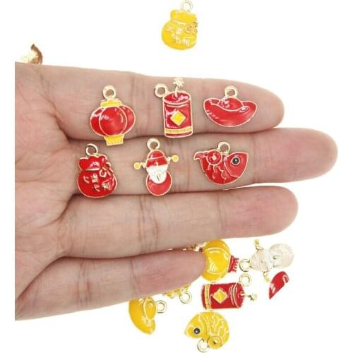 10pcs/lot Enamel Chinese style Red Envelope Fish Cute God of Wealth Lantern Lngots Firecracker Fireworks Charms For DIY Findings