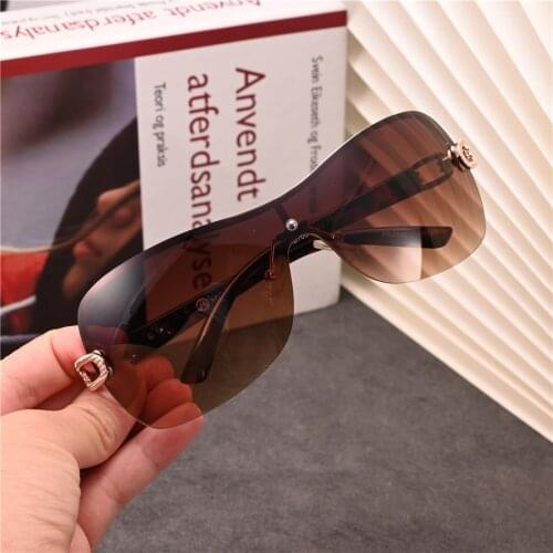 Evove Fashion Sunglasses Women One-piece Brown Lens Transparent Rhinestone Sun Glasses for Female Rimless Shades Elegant Ladies