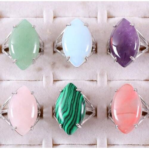 Finger Ring Natural Stone Olive CAB Cabochon Bead Rose Quartz Crystal Blue Howlite Black Onyx Adjustable Ring For Women Men