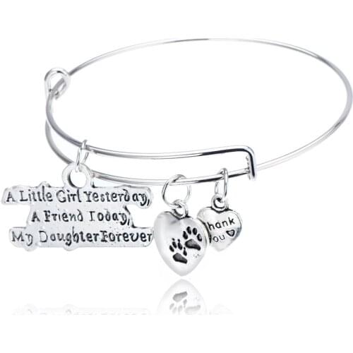 A Little Girl Yestoday A Friend Today My Daughter Forever Dog Paw Print Thank You Heart Charms Bangle Bracelet Bangle Party