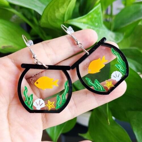 3D Bubble-spitting Goldfish Mini Acrylic Earrings Water Grass Shell Starfish Simulation Bathtub Dangle Earrings for Women Girls