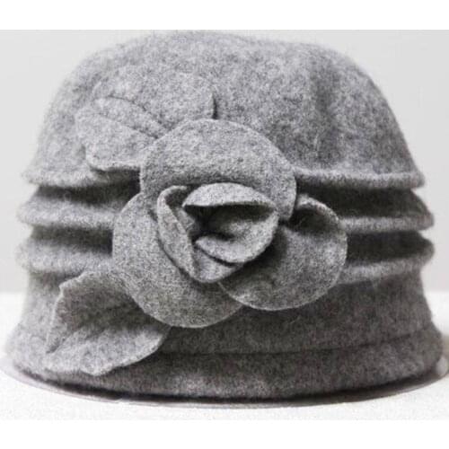 Fashion Women Wool Floppy Fedora Hat Flower Decor Autumn Winter Solid Warm Mom Cap