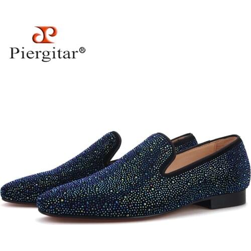 Piergitar 2020 men leather shoes with mixed colors rhinestones prom and banquet men casual loafers luxurious smoking slippers