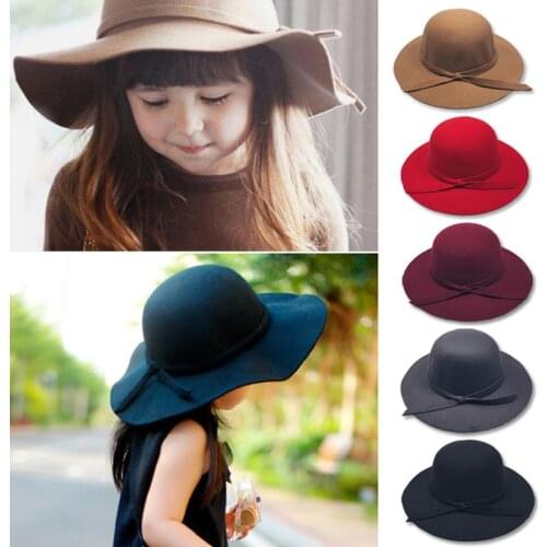 New Spring Wide Brim Woolen Girls Hat Vintage Solid Color Felt Fedoras Bowknot Children Sun Hats Kids Girl Flat Top Jazz Cap