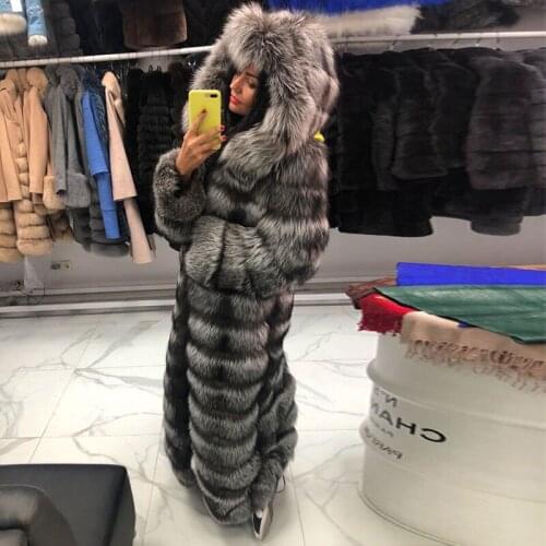 FURSARCAR 2020 New Luxury Real Fox Fur Coats Women Genuine Natural Silver Fox Fur Hood Winter Full Pelt 130cm X-Long Fur Jackets