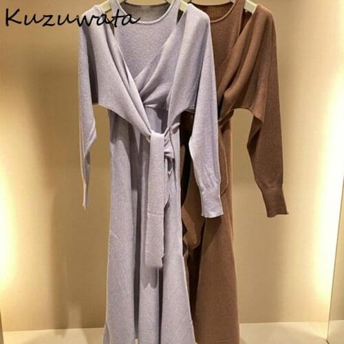 Elegant Shoulder Sexy Strapless Women Dresses Candy Color Fake Two Piece Knitted Dress New Fashion Soft Vestidos