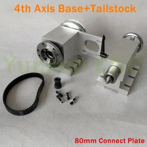 Hollow Shaft CNC 4th Axis Base Rotary Axis with 80mm Connect Plate+Live Center Tailstock Kits for Woodworking CNC3040 Router