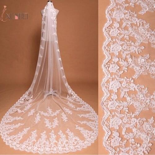 Romantic One Layer Cathedral Long Wedding Veil With Comb Lace Edge Bridal Voile Marriage White Ivory Wedding Accessories