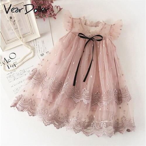VearDoller Girls Dress Cute Bow Decoration Sleeveless Kids Ball Gown Fashion Girls Princess Dress Embroidery Children Full Dress