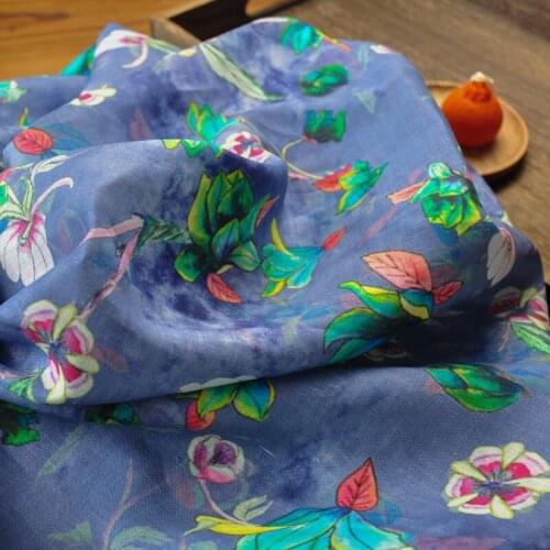 High end pure linen fabric Blue lotus printing sewing Spring and autumn fashion dress shirt cheongsam tissu