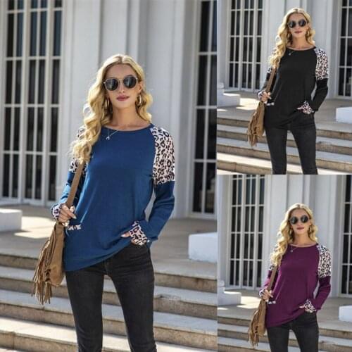 Autumn Women T-Shirts Full Sleeve Round Neck Leopard Color Patchwork Pockets Casual Spring Female Blouse Winter Tops Tees C2970