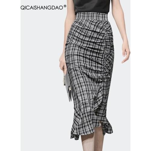 Mid-Length Ladies Plaid Mermaid Skirt Ruffled Shirred Design Sexy Elegant High Waist Slim Office Ladies Small Step Wrapped Skirt