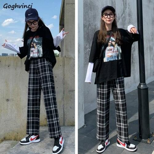 Women casual pants black white plaid wide leg trouser harajuku high waist all-match hip hop loose vintage full length streetwear
