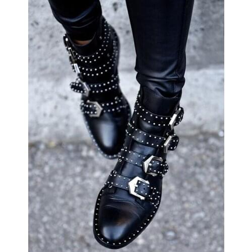 2017 Black Studded Buckle Boots Silver-tone studded women boots hardware Four straps Ankle-high buffed calfskin boots in black