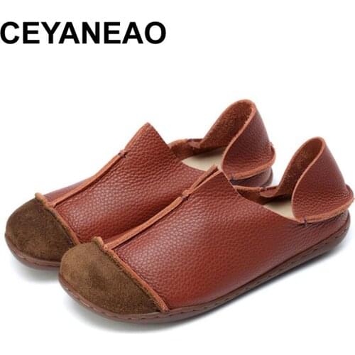 CEYANEAO 2018 Woman Shoes Autumn Genuine Leather Loafers Solid Slip-On Round Toe Handmade Flats 205