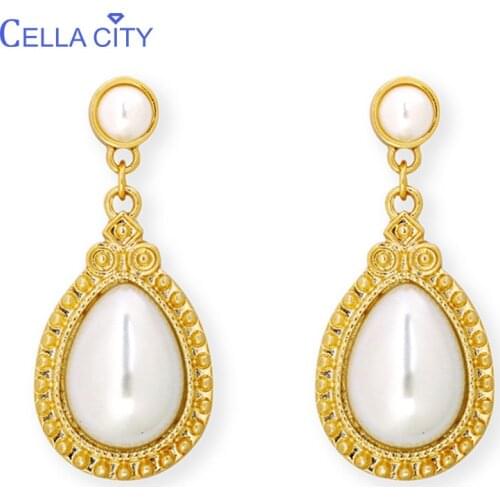 Cellacity Vintage Baroque Water Drop Shaped Pearl Earrings for Women Golden Ear drops Silver 925 Jewelry Party Gift Wholesale