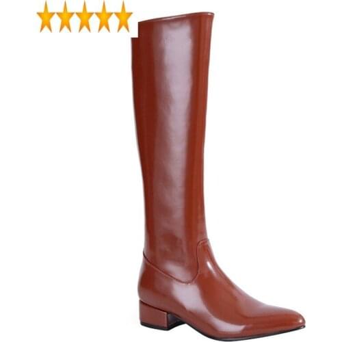 Half Pointed Toe Patent Leather Knee Knight Natural Cowhide Waterproof Womens Winter Warm Round Heels Straight Boots