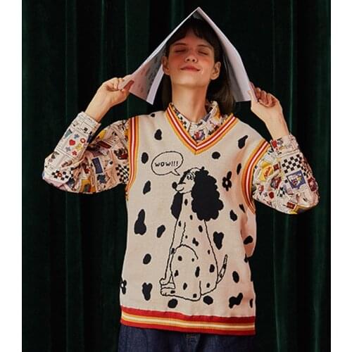 Spring New Design Letters Cartoon Dog Women Winter Sweaters Sleeveless Femme thick Knit Vest Pullover V Neck Loose