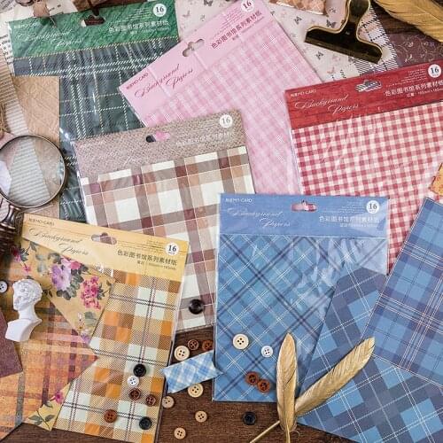 16 Sheets/lot) Retro Plaid Imitation Cloth Paper Scrap Booking Background Paper Hand Book Collage Decoration Paper Pack