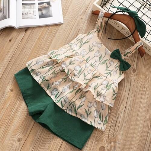 2019 Toddler Girl Outfits Cascading Chiffon Tulip Print Sling Tops Shorts Girls 2 Piece Set Headband Girls Sets Clothing
