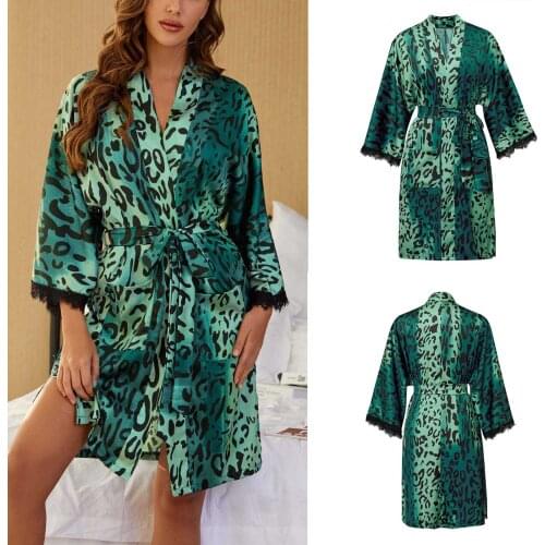 2021 Summer silk Sleepwear Robe Womens Kimono cardigan Robe Cover Up Lace Printed Sleepwear Satin Silky Nightgown Bathrobe