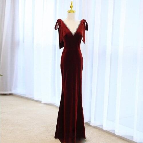 Burgundy Velour Evening Dresses V Neck Bow Straps Lace up Mermaid Floor-length Birthday Christmas Formal Prom Gowns Elegant New