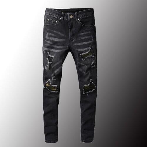New Mens Streetwear Black Stretch Denim Biker Jeans Slim Skinny Holes Ripped Pencil Pants Trousers High Quality Size 40