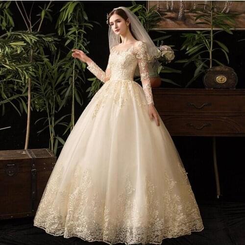 Ball Gowns Long Sleeves Champagne Ivory Tulle Wedding Dresses 2020 with Beads Lace Edge Bridal Dress Marriage Customer Made Size