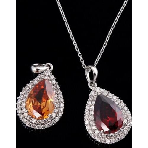 Love Monologue Classic Red imitation Garnet & Morganite Cubic Zirconia Silver Color Water Drop Necklace Pendants for Women T016