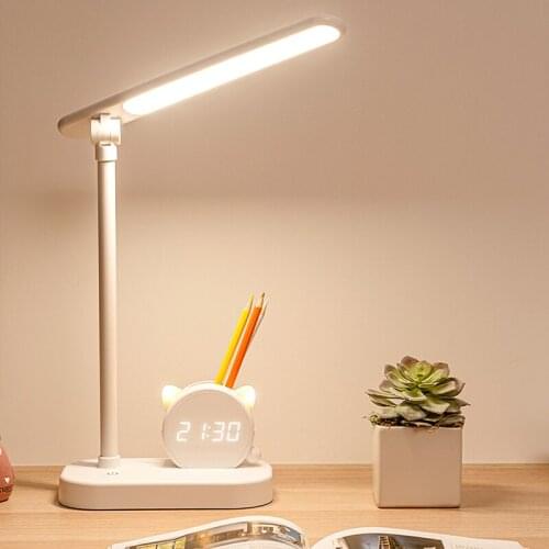 Cute Kids Led Desk Lamp Portable Study Reading Desk Lights Office Bedside Touch Table Lamps Night Light With Pen Holder Clock
