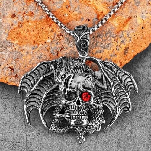 Demon Dragon Skull Red Eye Stainless Steel Men Necklaces Pendant Chain Punk for Boyfriend Male Jewelry Creativity Gift Wholesale