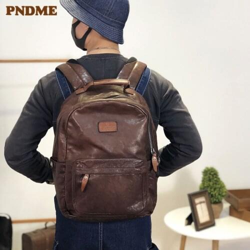 Retro high-quality genuine leather mens outdoor travel backpack luxury natural soft real cowhide large capacity laptop backpack