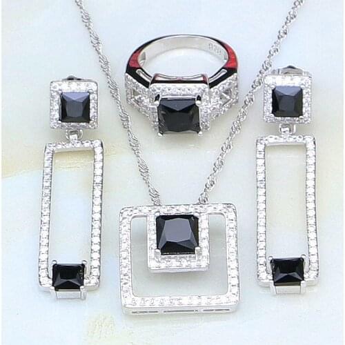 925 Sterling Silver Square Shaped Black Stones White Zircon Jewelry Sets For Women Wedding Earrings/Ring/Pendant /Necklace