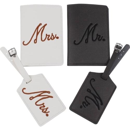 4pcs Mr and Mrs Leather Passport Case Holder with Luggage Tags Travel Card Protector for Women Couples or Husband and wife New