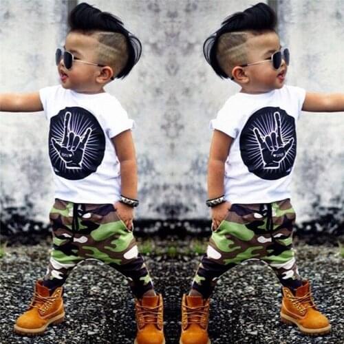 Clothes for newborns Baby clothes boy suit 2021 summer love you gesture short-sleeved T-shirt + camouflage pants 2PCS baby set