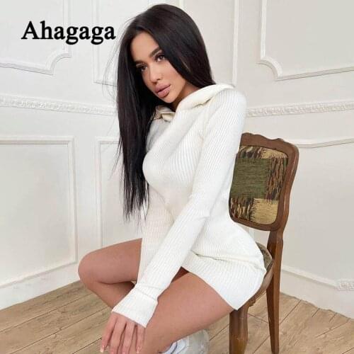 Ahagaga 2021 Autumn Knitted Hooded Dress Women Fashion Sheath Bodycon Long Sleeve Solid Casual Streetwear Female Mini Dress Robe