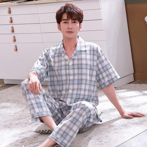 Summer New Mens Cotton Short Sleeve Pajama Set Plaid Woven Sleepwear Home Clothes Broadcloth Short Sleeve+ Sleep Pants Sets