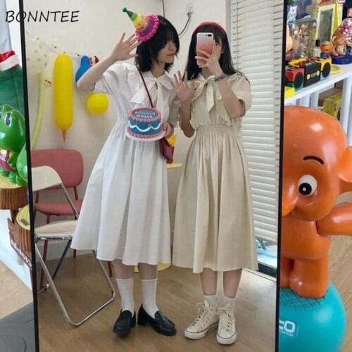 Dress Women Ulzzang Leisure Kawaii Solid Color Sweet Holiday Female Clothing Students Empire Puff Sleeve Teens Bow Collar Retro