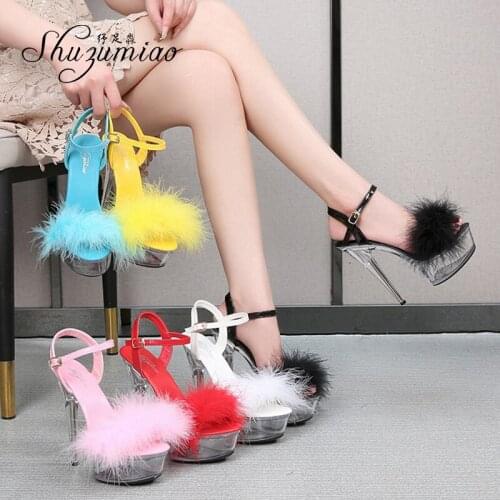 Shuzumiao Sandals For Women Waterproof Platform Women Shoes 2021 Summer New Fur Transparent High Heels 14.5cm Female Party Shoes
