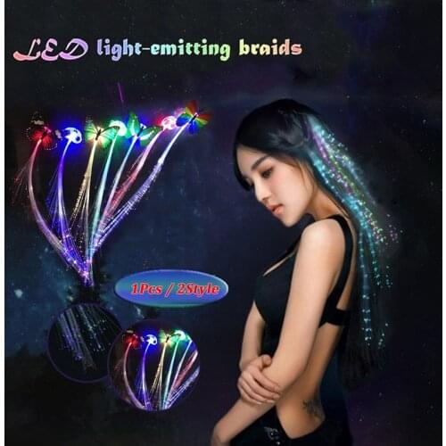 Flash LED Hair Light Emitting Fiber Optic Pigtail Braid Colorful Luminous Wig Bar Party Prom Supplies Decor 35x5cm/13.8x2inch