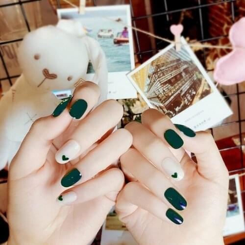 High Quality 24pcs/box Dark Green Peach Heart Fake Nail Pieces DIY Nail Art Jewelry Decoration Tools