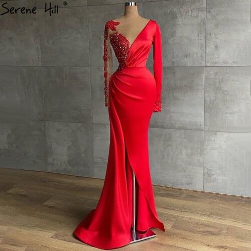 Serene Hill Red Mermaid Split Evening Dress Gown For Women 2021 Satin Beadings Long Sleeves Elegant Formal Party Dress CLA71032
