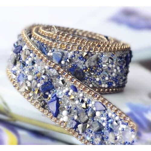 1pcs Iron on Diamond Beads Lace Trim DIY Bridal Accessory Sewing Clothing Accessories Blue Beaded Chain Lace Applique Fabric